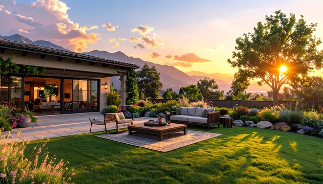 A serene backyard patio at sunset with a fire pit and lush greenery