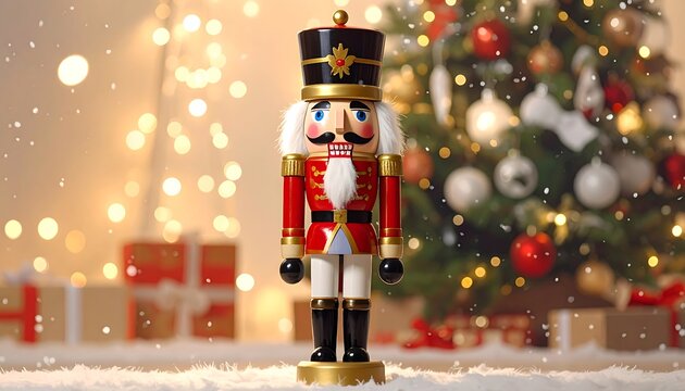A festive nutcracker soldier stands in front of a Christmas tree
