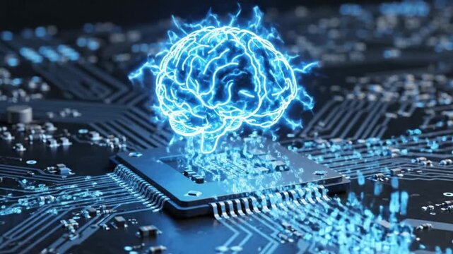 A glowing blue brain with electric sparks on a computer chip on a circuit board representing artificial intelligence and technology innovation