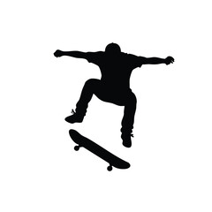 Skateboarder silhouette performing jump trick with board in mid air © Creative_Vectors