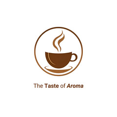 Coffee Shop Circular Logo with Steaming Cup and Slogan The Taste of Aroma