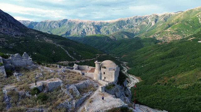 Aerial Top View Footage of Borsh Castle Ruins in Albania