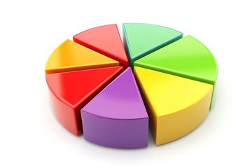 Obraz premium A bright and colorful 3D pie chart, divided into seven distinct segments in a rainbow of hues, with one segment slightly separated to emphasize its part.