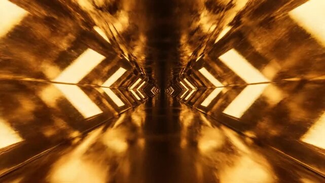 Futuristic golden tunnel with illuminated arrow patterns