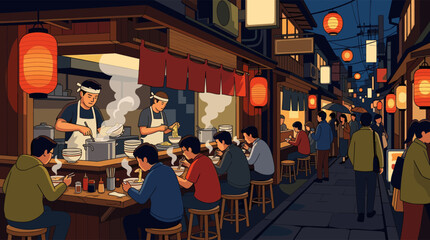 Obraz premium A bustling Japanese street food stall at night, with customers eating ramen at a wooden counter and chefs preparing steaming noodle soup under warm red lanterns.