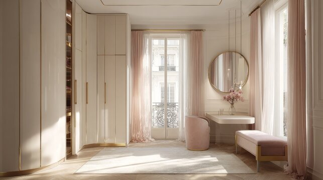 Elegant pink bedroom with vanity and ornate window view