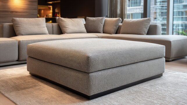 Contemporary upholstered ottoman in a textured grey living room