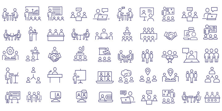 Meeting line icon set. Business conference, planning, and presentation. Team discussion, conversation, and collaboration. Outline vector pictogram for