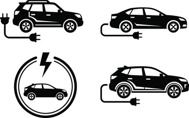 Naklejka premium Collection of electric vehicle icons featuring cars with power plug symbols, lightning bolt frames, and sustainable transportation concepts in black‑and‑white vector illustration design.