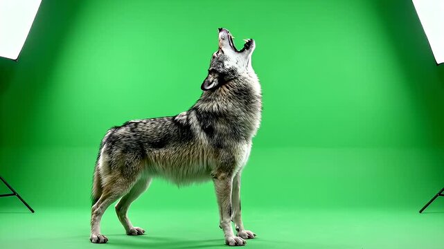 Wolf howling on a green screen background in a studio setting.