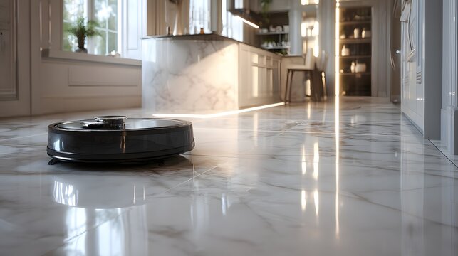 Black robot vacuums glide over polished marble floors