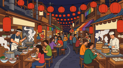 A lively illustration of a traditional Asian night market, where crowds enjoy street food like ramen and dumplings under festive red lanterns.