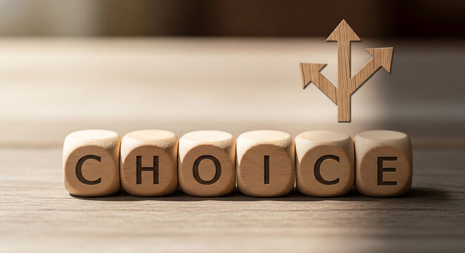 Wooden choice sign with deer figurine on minimalist background for decision-making concept