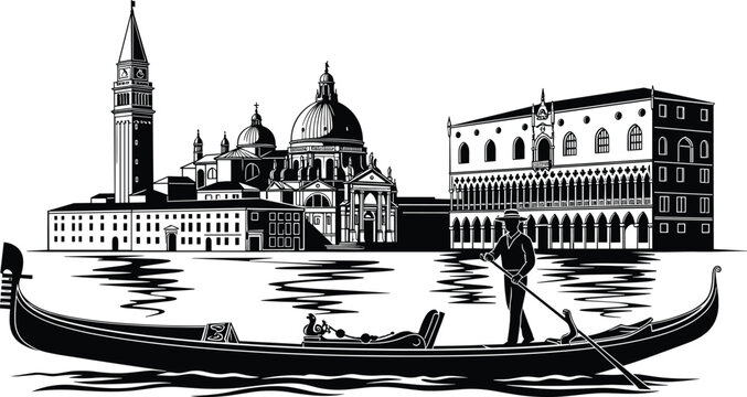 Traditional Venetian gondola with gondolier rowing on canal, featuring iconic Venice architecture, domed churches, bell tower, and Doge&rsquo;s Palace in detailed black‑and‑white illustration.