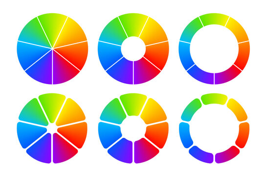 Seven steps rainbow gradient pie chart collection. Color wheel diagrams set
