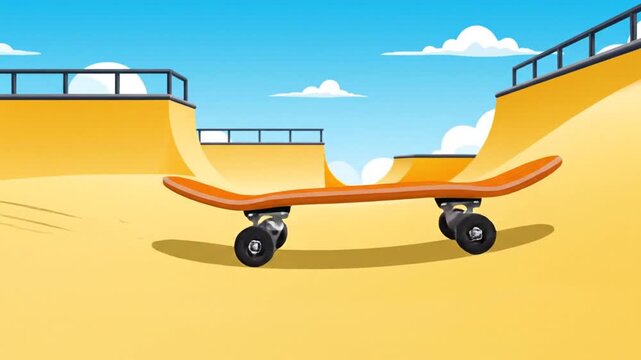 Skateboard on yellow ramp in empty outdoor skatepark under blue sky