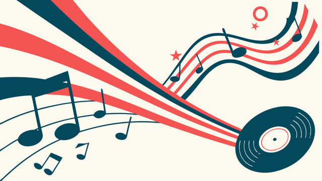 A vibrant vector graphic illustration of music notes and a vinyl record with a stylized design