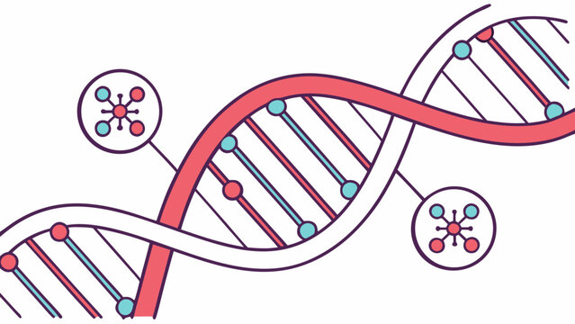A colorful vector graphic illustration of a DNA double helix structure with molecular bonds