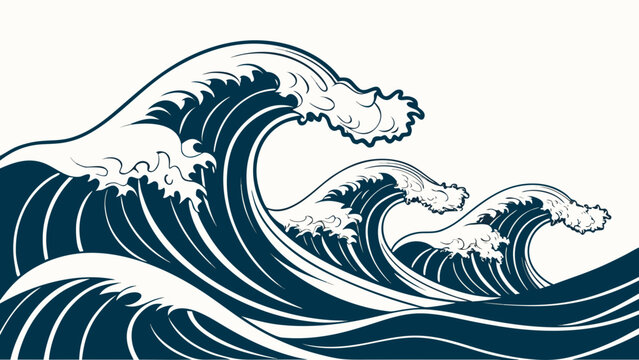 A stylized vector graphic illustration of a large wave with white foam on a plain background