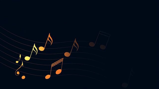 Musical notation symbols with orange gradient on dark background featuring notes, staff, music sheet with melody and harmony elements for