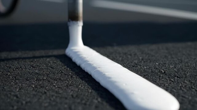 Road Marking Machine Applying Fresh White Paint on Asphalt Street Surface for Traffic Lane Lines