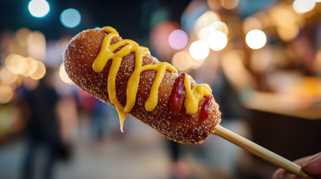 close-up of a korean corn dog topped with sugar