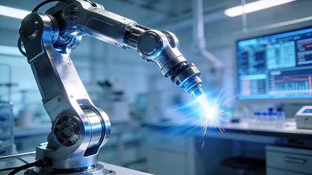 Silver robotic arm with blue light tip in modern industrial facility