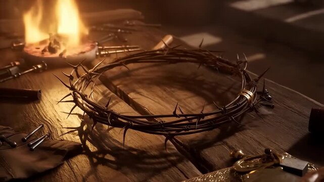 Crown of thorns with sharp metal spikes on wooden table with tools and flame, symbolizing Christ's sacrifice and faith.