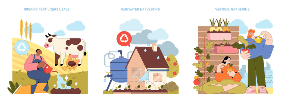 Sustainable Farming Practices Vector Illustration Set