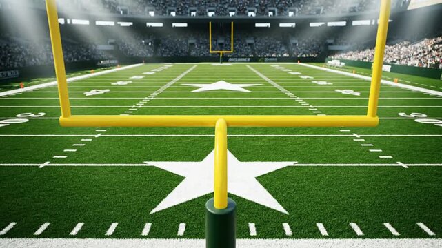 Vibrant American football field with goalposts in illuminated stadium.