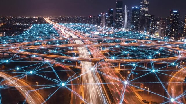Aerial view of a cityscape at night with a network of blue lines and dots superimposed over a busy highway interchange