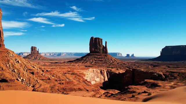 A breathtaking panorama of rugged desert landscape featuring majestic sandstone buttes and mesas under a clear blue sky, evoking the timeless beauty of the American Southwest