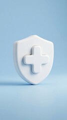Obraz premium White 3D shield emblem with a raised plus sign on a light blue background