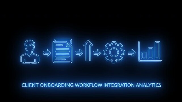 Neon-lit icons illustrating client onboarding workflow integration analytics on a dark background with blue glow.