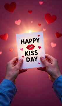 Person Holding Card with Kiss and Floating Hearts &ndash; Pink, Lyco Art