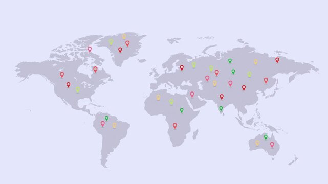 World Map with Multiple Locations Marker GPS Navigation Background animation 4k.