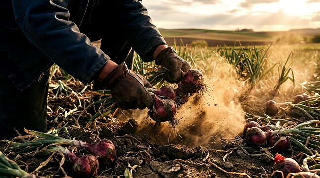 Farmer harvesting onions in field during sunset  