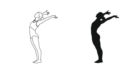 A minimalist depiction of a woman in a dynamic pose presented as both a line drawing and a contrasting silhouette