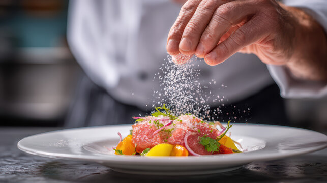 close-up of a hand sprinkling pink himalayan salt