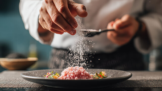 close-up of a hand sprinkling pink himalayan salt