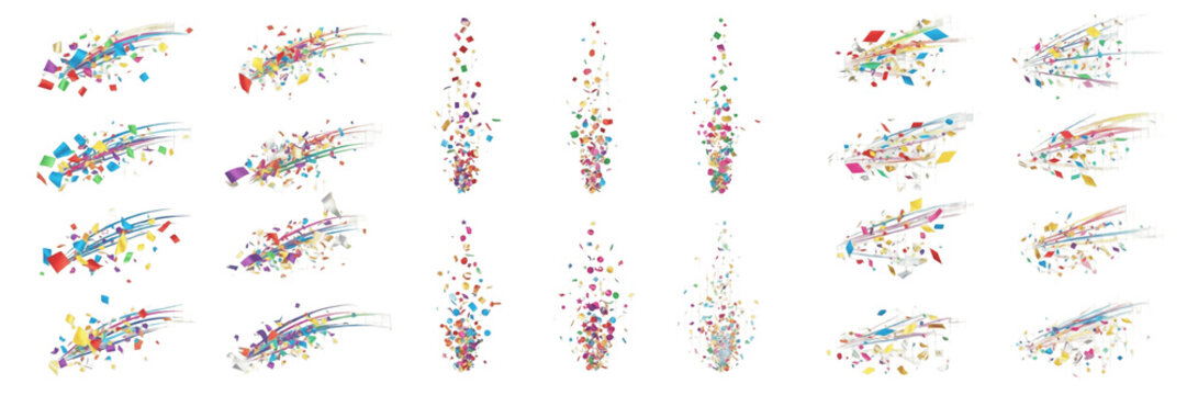 Colorful confetti explosion collection isolated on white background, festive party streamers and sparkles set