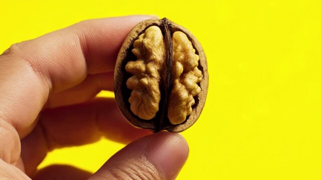 Hand holding cracked walnut on yellow background, close up organic nut shell with visible kernel, healthy food ingredient concept, minimal studio composition, natural protein snack detail, macro comme