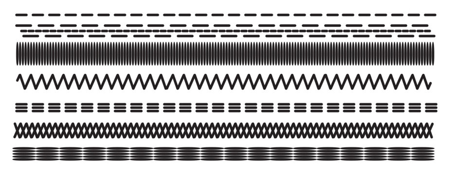 Vector Sewing Machine Stitches and Seams Set. Black and White Seamless Pattern Brushes with Zigzag, Overlock, Topstitch and Embroidery Thread Lines for Textile Fabric Design