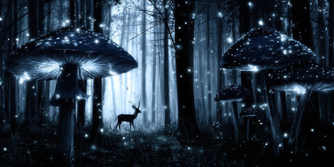 Naklejka premium Enchanted deer walking in magical mushroom forest at night