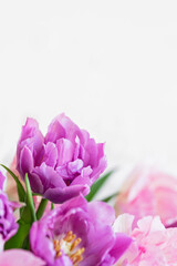 Fototapeta premium spring greeting background with pink and purple flowers. Romantic spring floral composition perfect for Mothers Day, greeting cards, weddings, and feminine design themes.