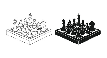 A monochrome illustration depicts two chessboards with complete sets of pieces showcasing a strategic game setup high quality professional © ArtBySalea07