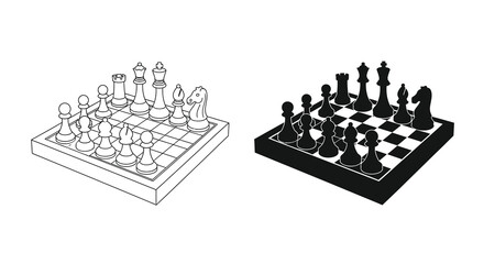 A black and white illustration showcases two chessboards with complete sets of pieces positioned at slight angles high quality professional detailed © ArtBySalea07