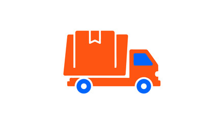 Naklejka premium A large orange truck is transporting goods on the road with blue wheels and windows.