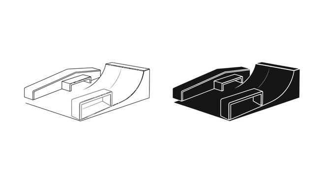 A black and white illustration depicts a skatepark ramp design showcasing two variations of the same structure high quality