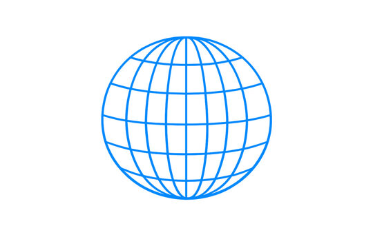 A minimalist blue wireframe globe illustration featuring longitude